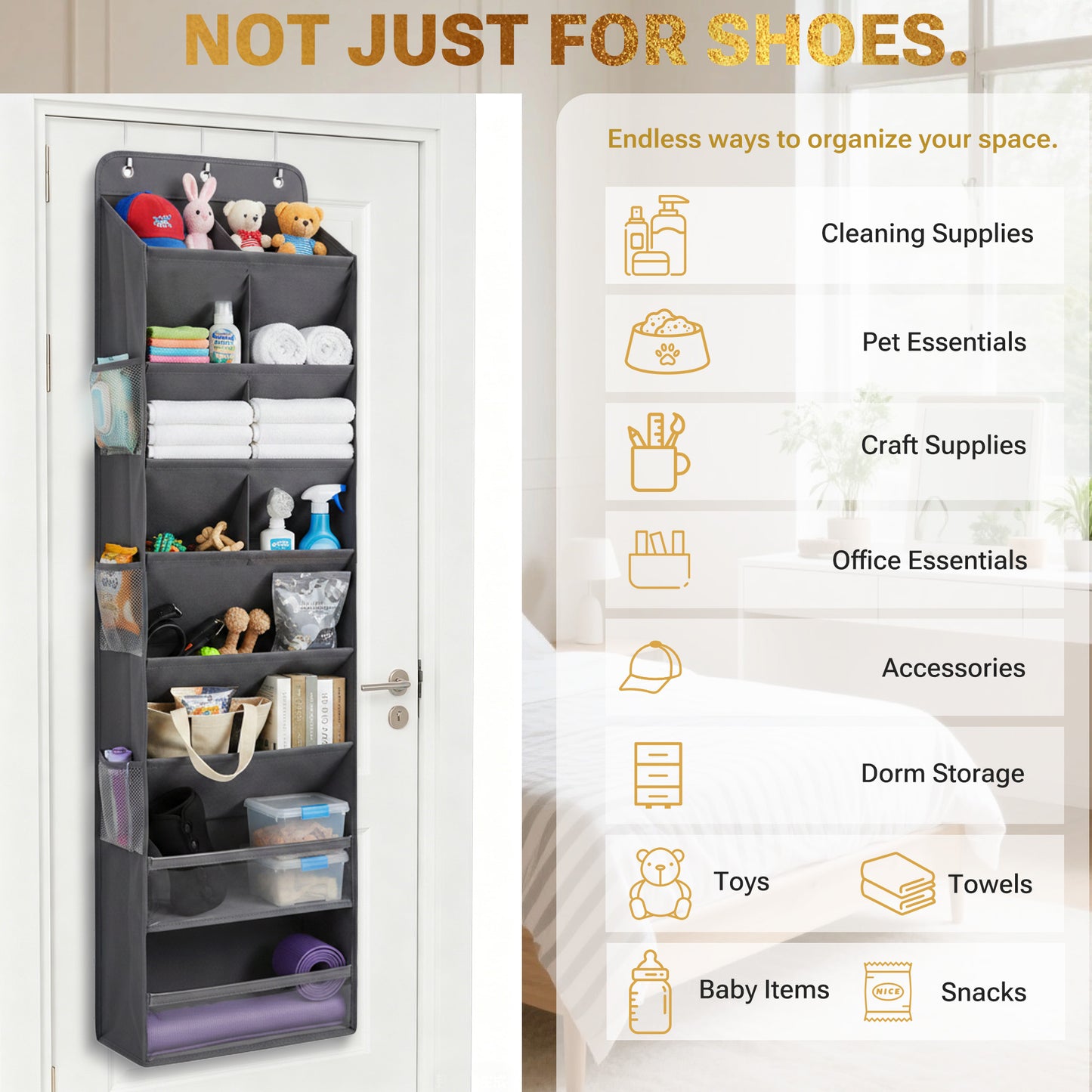 HOMELUX THEORY 6 Tiers Over The Door Shoe Organizer - 100D Extra Thick Deep Pockets Shoe Rack for Closet, 4 Side Pockets Shoe Rack for Entryway & Hanging Shoe Organizer for Closet (V1)