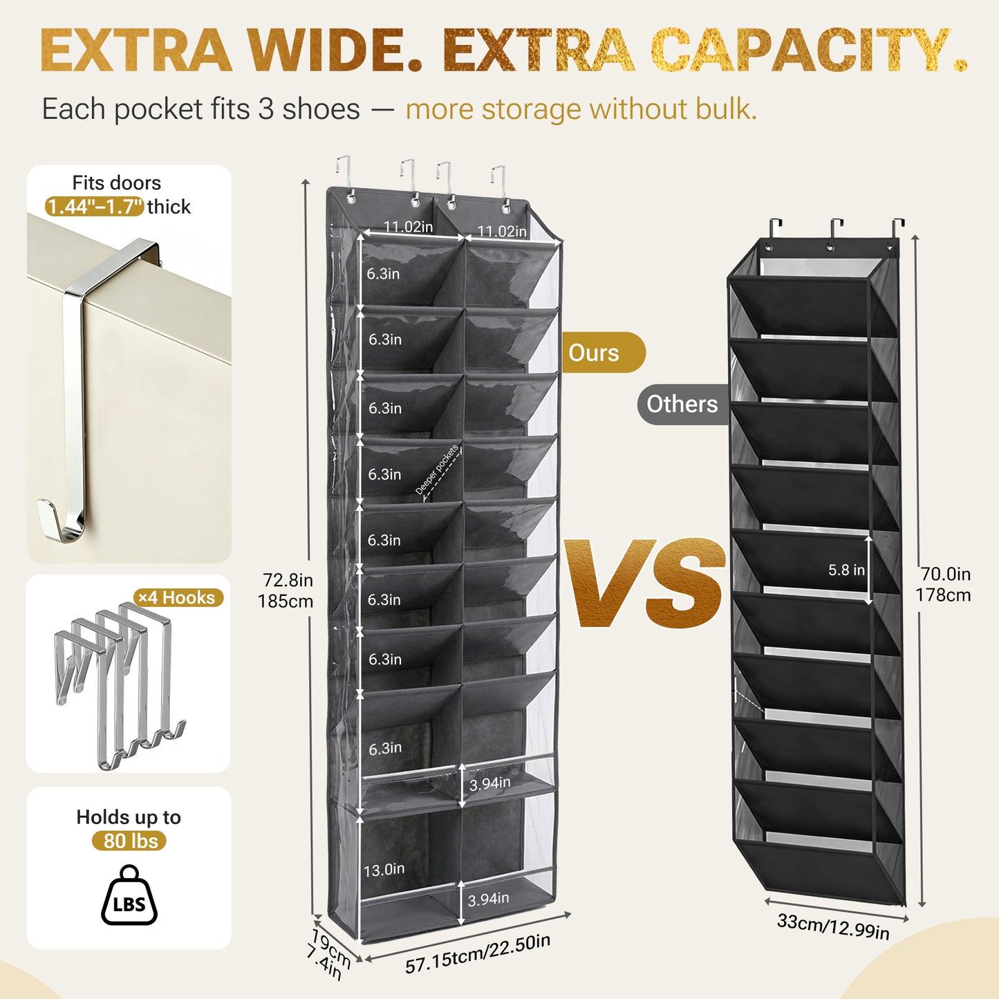 HOMELUX THEORY 30 Pairs Over The Door Shoe Organizer - 10 Tiers Deep Pockets Shoe Rack for Closet, Shoe Rack for Entryway & Hanging Shoe Organizer for Closet for Sneakers, Boots (V3)