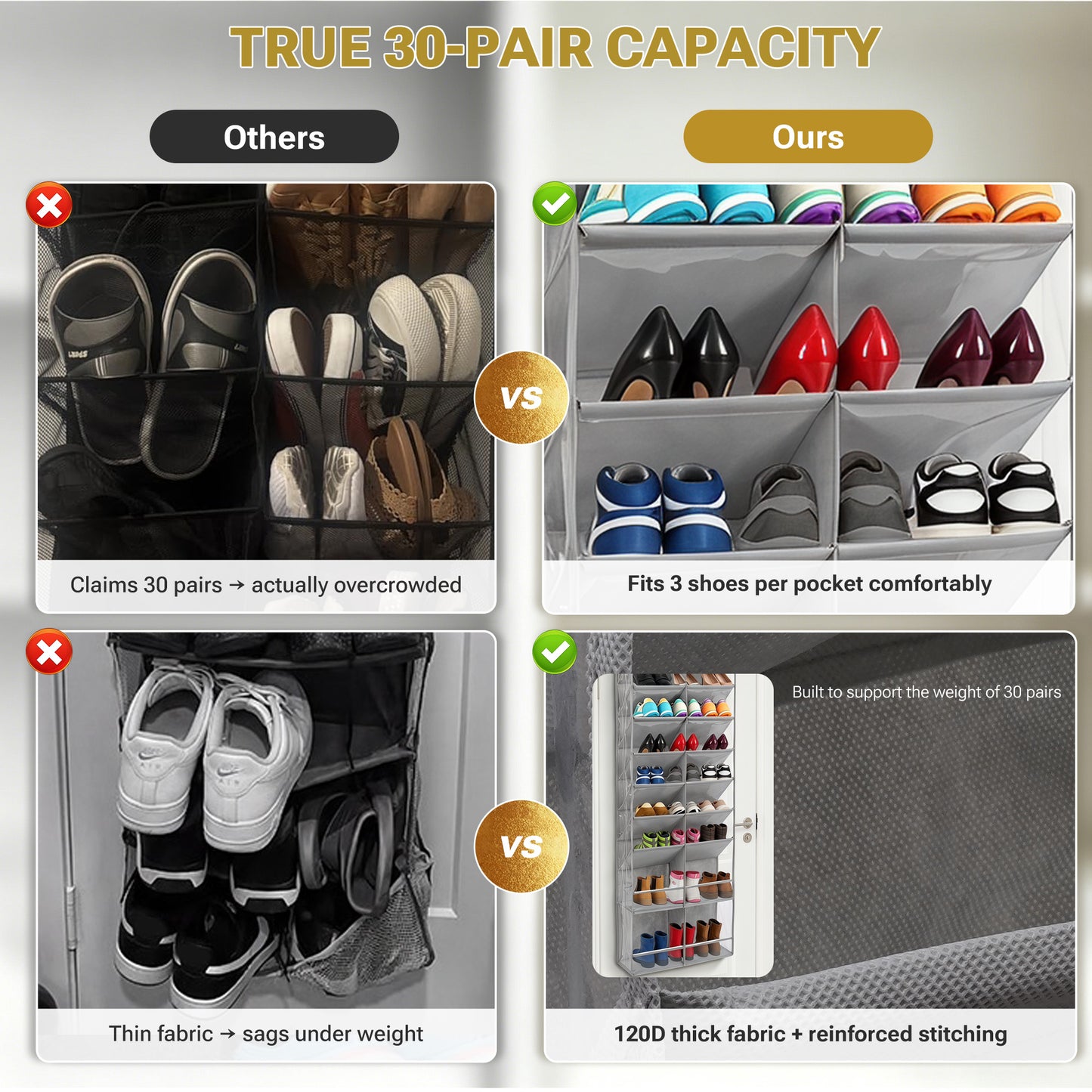 HOMELUX THEORY 30 Pairs Over The Door Shoe Organizer - 10 Tiers Deep Pockets Shoe Rack for Closet, Shoe Rack for Entryway & Hanging Shoe Organizer for Closet for Sneakers, Boots (V3)