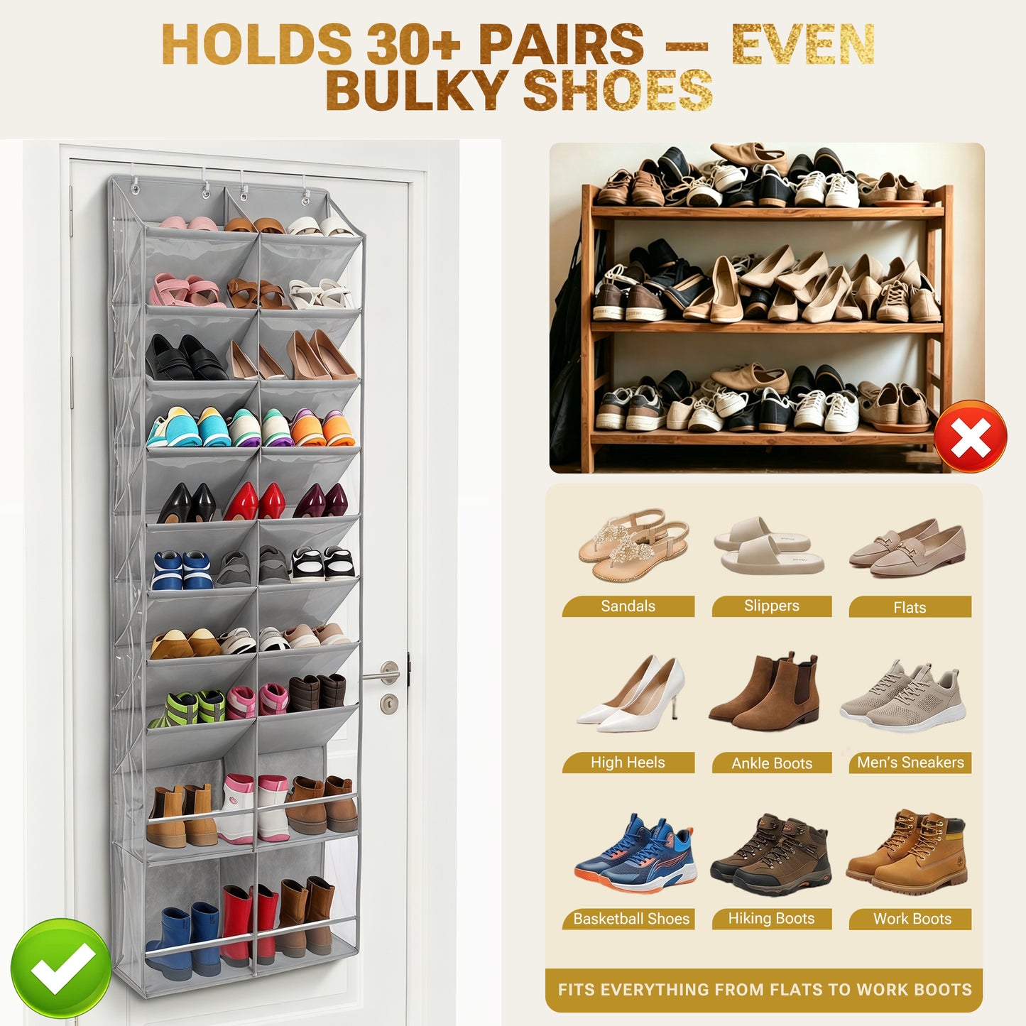 HOMELUX THEORY 30 Pairs Over The Door Shoe Organizer - 10 Tiers Deep Pockets Shoe Rack for Closet, Shoe Rack for Entryway & Hanging Shoe Organizer for Closet for Sneakers, Boots (V3)