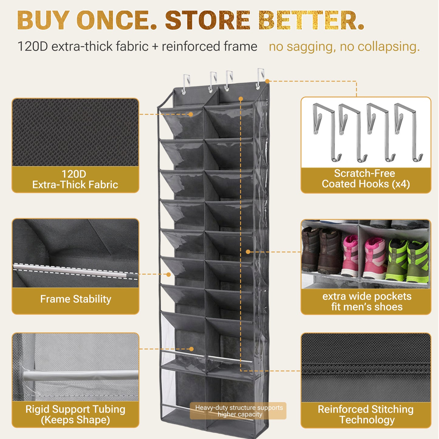 HOMELUX THEORY 30 Pairs Over The Door Shoe Organizer - 10 Tiers Deep Pockets Shoe Rack for Closet, Shoe Rack for Entryway & Hanging Shoe Organizer for Closet for Sneakers, Boots (V3)