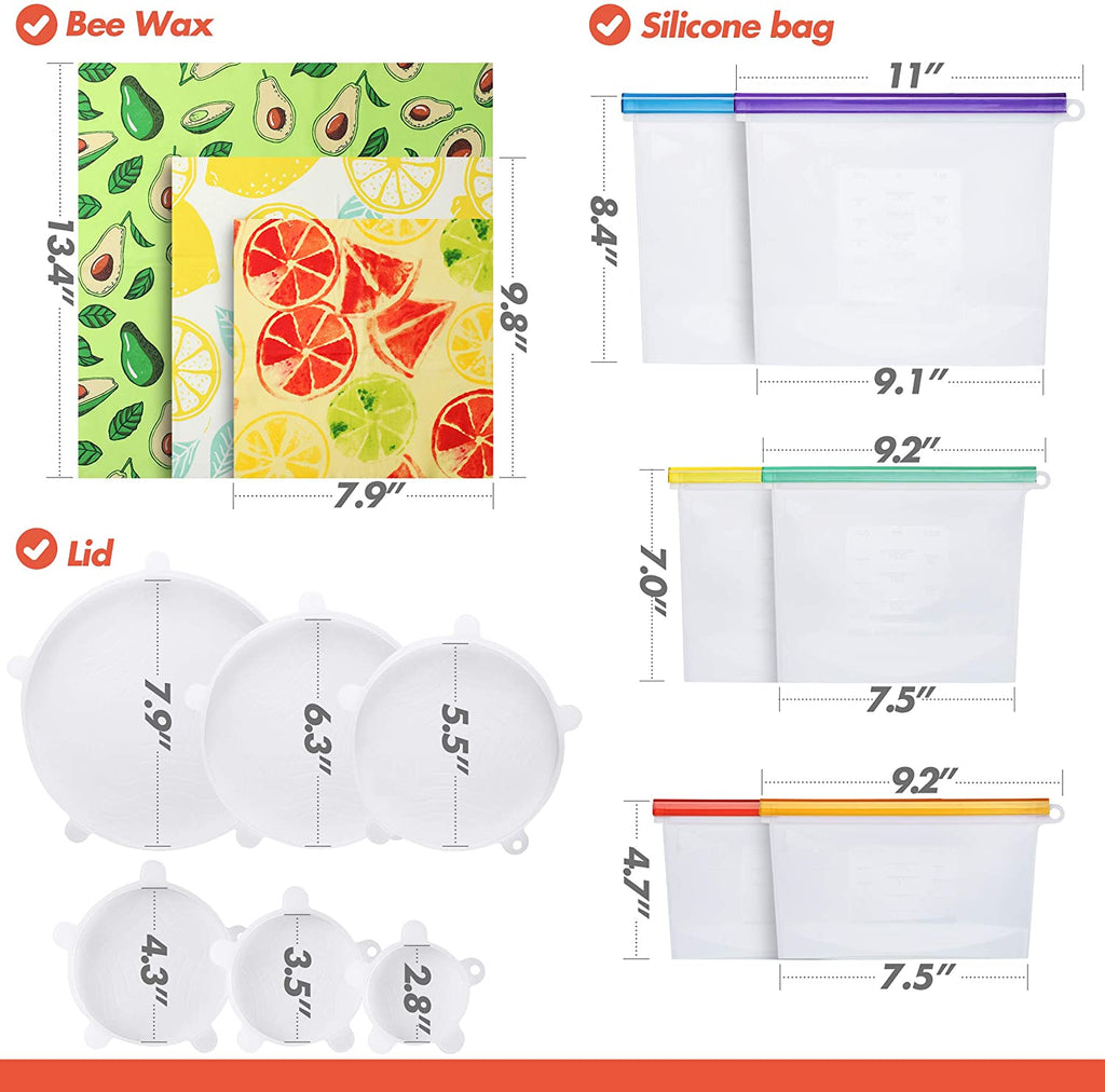 Silicone Food Storage Reusable Bags+ Beeswax Wrap+ Silicone Stretch Lids (Set of 15)