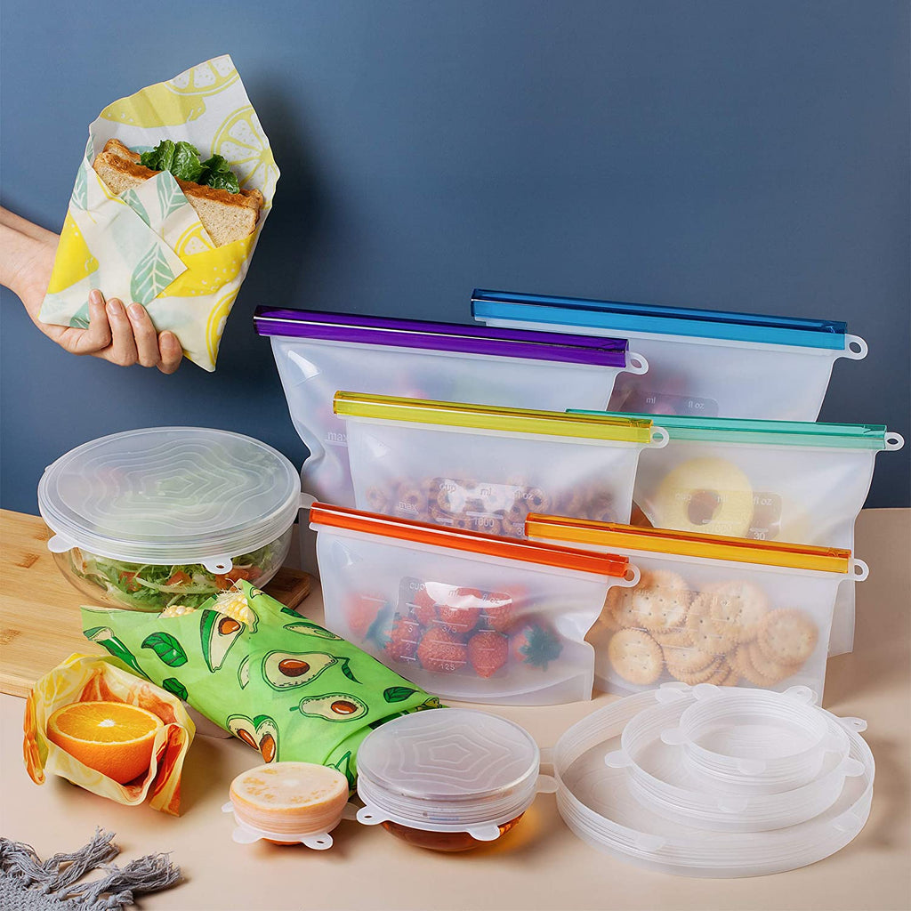 Silicone Food Storage Reusable Bags+ Beeswax Wrap+ Silicone Stretch Lids (Set of 15)